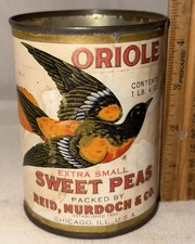 ANTIQUE ORIOLE PEAS TIN FOOD CAN FLYING BIRD REID MURDOCH COUNTRY STORE GROCERY
