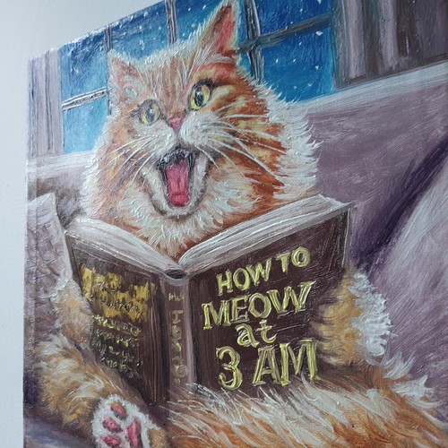 Original Oil Cat Meowing Painting Canvas Funny Animal Art Humor Night Scene Art - Picture 17 of 23