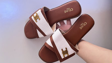 CELINE Triomphe Women’s Brown/White Slider Sandals Logo Leather UK 6
