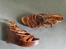 YSL Yves Saint Laurent Brown Strappy Wedge Platform Sandals Sz 7/37 Y2K Boho Vtg