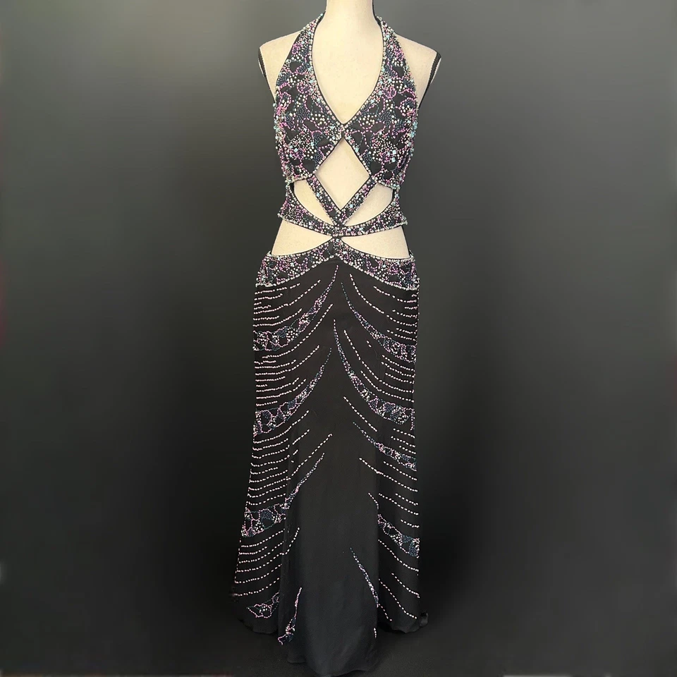 Vestido de Hadas Vintage Y2k Seda Cuentas Negro Rosa Aqua Corte Vestido de Noche Halter  Foto 2 de 4