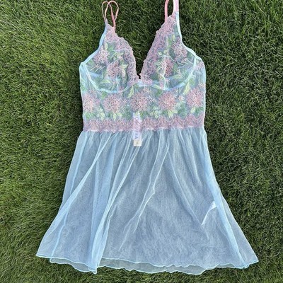 blue babydoll slip dress NWT Cosabella Chemise Baby Doll Floral Embroidered Designer Size M Last Ones Ariel Blue Girl Toddler adjustable straps make it Colour:NAVY