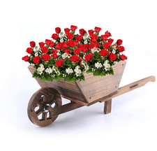 Natural Garden Wood Construction Burnt Wooden Wheelbarrow Planter Flower Cart