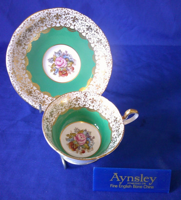 Aynsley JA Bailey  Rose & Floral Bouquet Cup & Saucer Green & Gold Borders