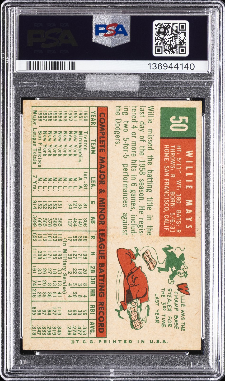 1959 TOPPS #50 WILLIE MAYS PSA 5 MBA GOLD DIAMOND view 2