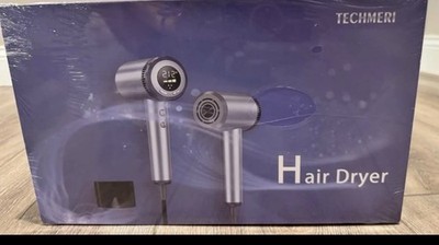 TECHMERI MR-FT01-2 Mini Hair Dryer 1300W Silver Negative Ions LCD 4 Heat 3 Speed