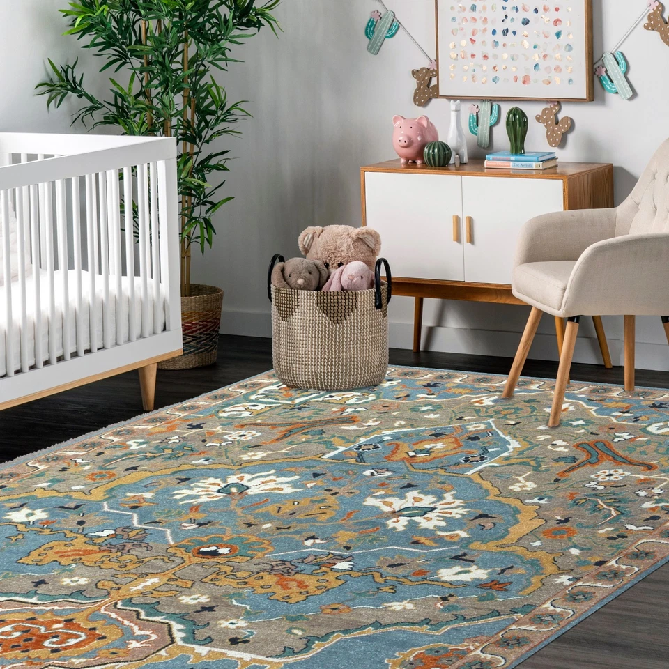 Womenarts New Heriz Blue Handmade Tufted Woolen Area Rugs & Carpet - Image 2 of 4