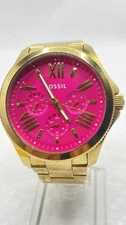 Women’s Fossil Pink Dial Gold Tone Watch Working AM4539