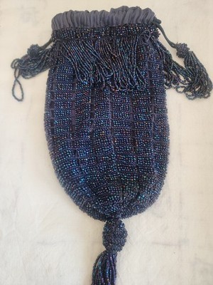Drawstring Purse Blue Carnival Glass Bead small case attached to lining