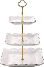 3-Tier Square Porcelain Cake Stand, White Rimmed with Gold Embossed Cupcake D...