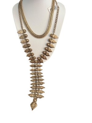 Macys Gold Tone Zipper Y Necklace Tribal Boho Choker Layered Double Strand NWT