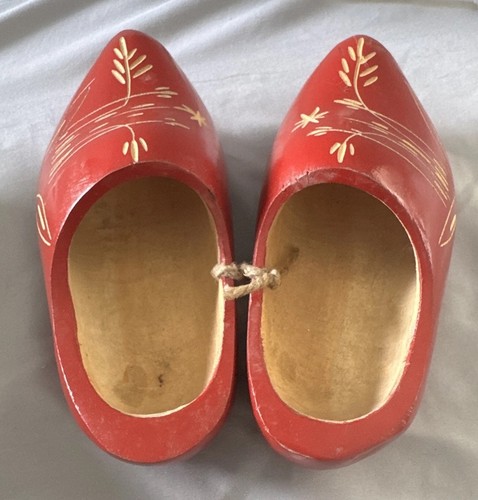Vintage Red Dutch Wooden Clogs Shoes Hand Carved Hand Painted Gold Floral