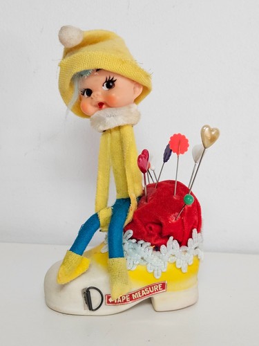 Vintage PIXIE ELF On A Shoe Dress Maker 3ft Measure Tape & Pin Cushion JAPAN