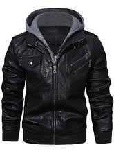 Men  s Casual Stand Collar PU Faux Leather Zip-Up Motorcycle Bomber Large Black