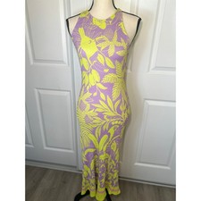 Farm Rio Anthropologie Maxi Dress Tropical Smocked S Purple Lime Green Floral