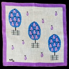 NWOT 60s Signed KATI Hanky MODERNIST PEAR TREES Lavender Blue Cat Logo