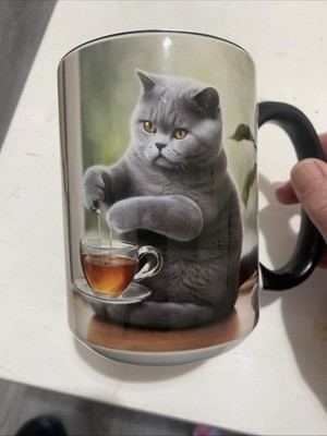 Graue Britisch Kurzhaar Katze mit Kaffee Tee Tasse Orca Mantel sehr süß E3