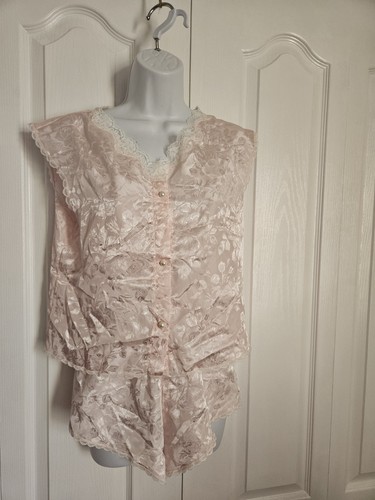 VTG SATIN Shiny Sissy Pajama Set Button Front Top & Tap Pants Pink Size Small 