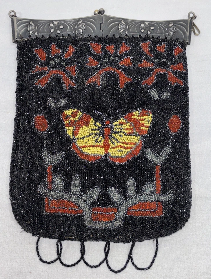 Старинный микро бисером сумочки вечер сумка бабочка на петлях рамка ар-нуво бахрома - Изображение 2 из 4