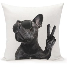 French Bulldog Throw Pillow Cover Sunglasses, Glove, Peace Sign 18"x18" Cool B W
