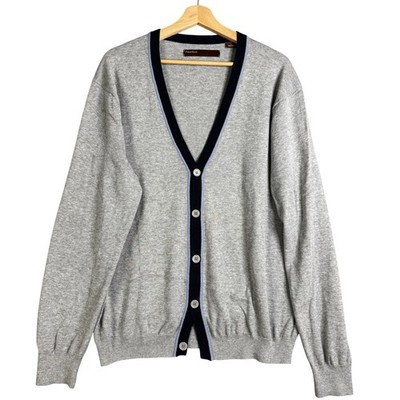 Perry Ellis Mens Gray Varsity Tennis V-Neck Button Front Cardigan Sweater L
