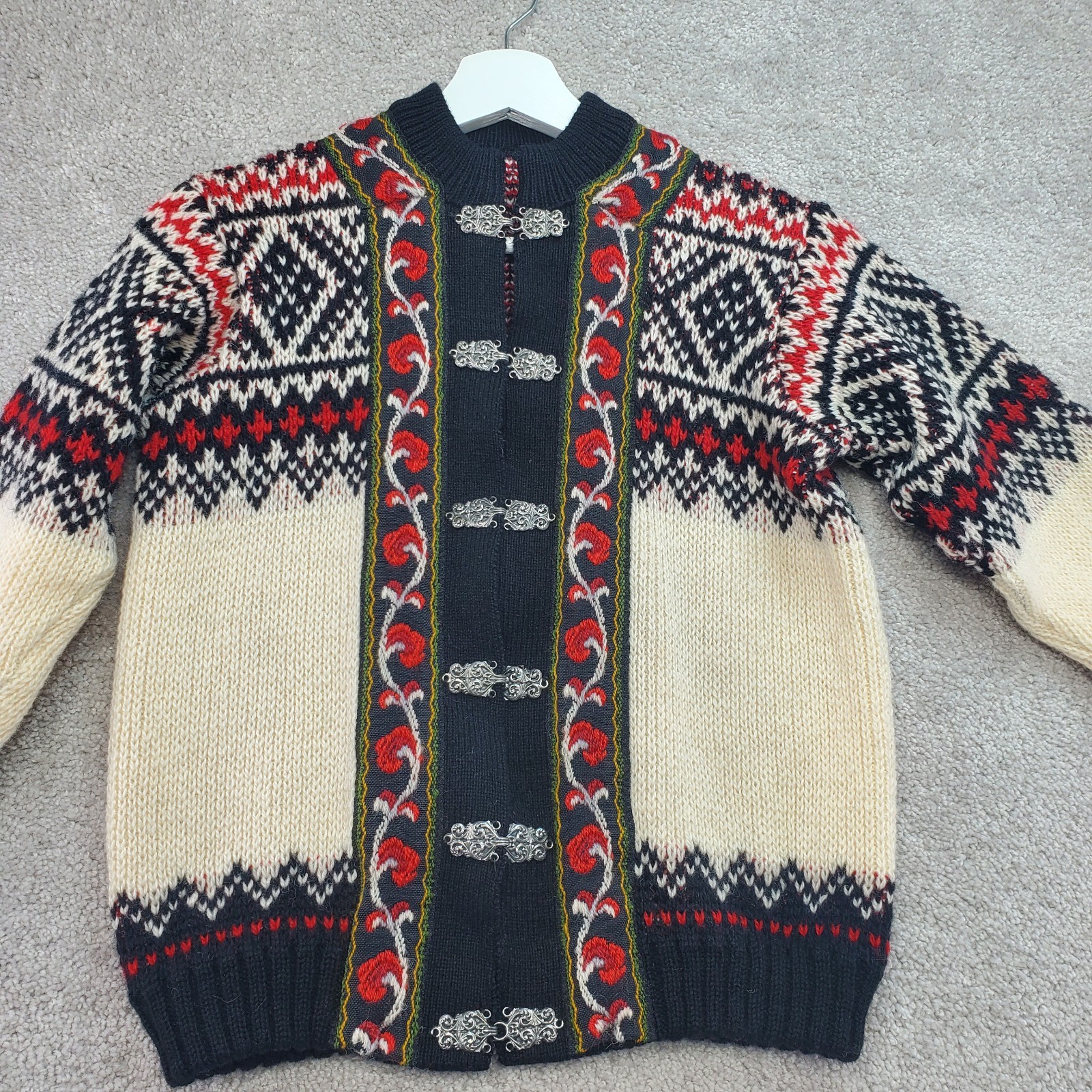 Vintage A.S Evebofoss Nordic Cardigan Sweater Youth 14 Cream Geometric Wool Knit