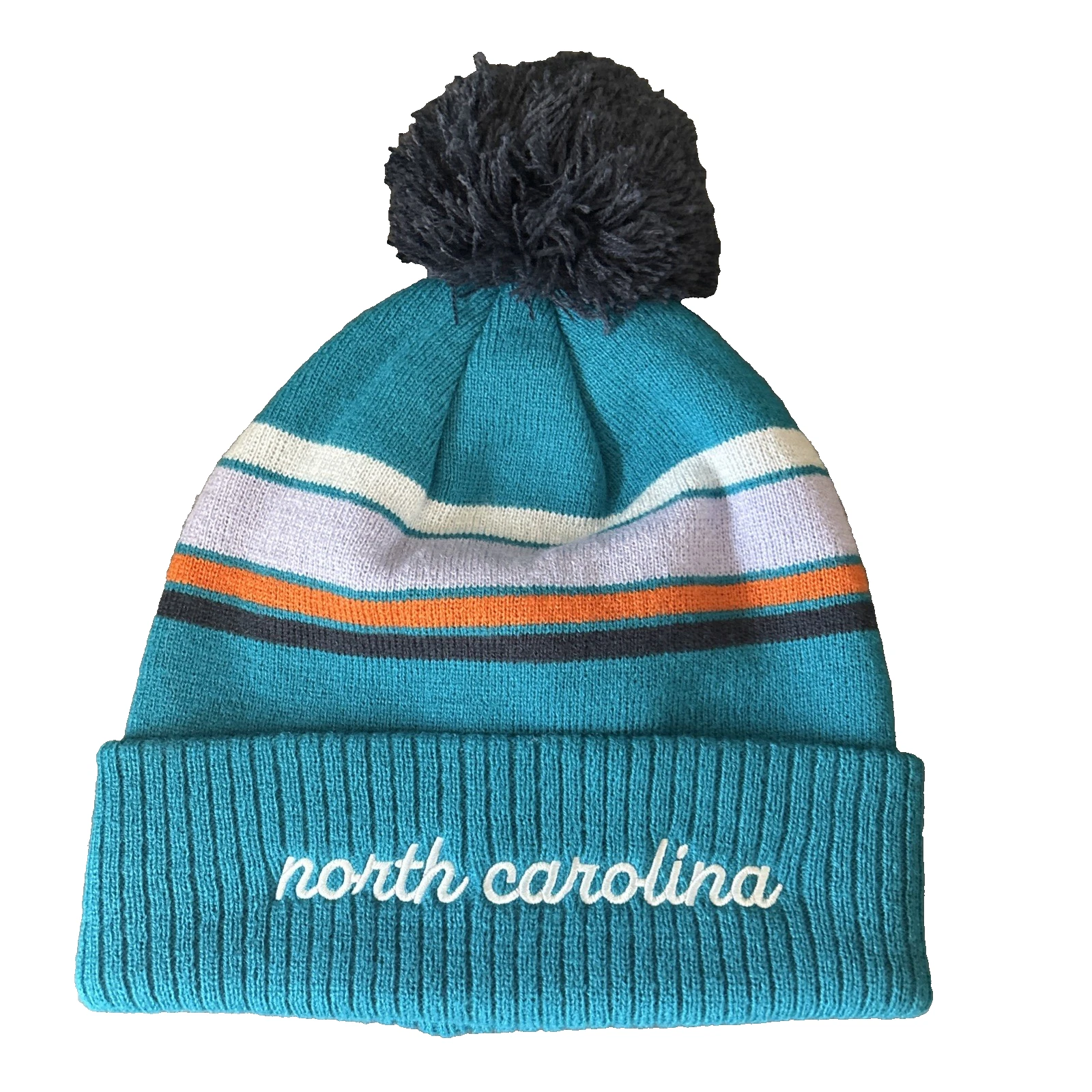 North Carolina Script Beanie Hat Teal Striped Pom Cuffed Knit Toboggan OSFM
Opens in a new window or