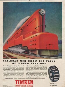 1945 Timken Bearings Vintage Railroad Full Page Print Ad Red Train Engine Art De