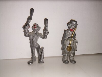 Pewter Miniature Clowns (2) Juggler and Musician with some Color Great Shape.