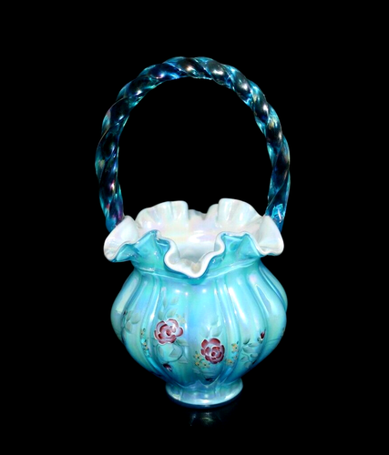 FENTON signiert ☆ blau schillernd gehüllt Melone gerippt handbemalt Blumenkorb - Bild 2 von 7