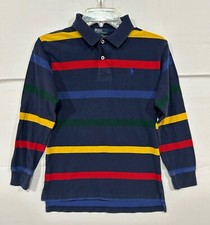 POLO Ralph Lauren Striped Polo Shirt Long Sleeve Boys Size M 12/14 Navy Blue