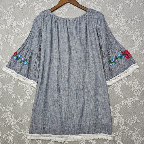 Beach Lunch Lounge Embroidered Floral Striped Dress SP Linen Blend Fringe Boho - Picture 2 of 10