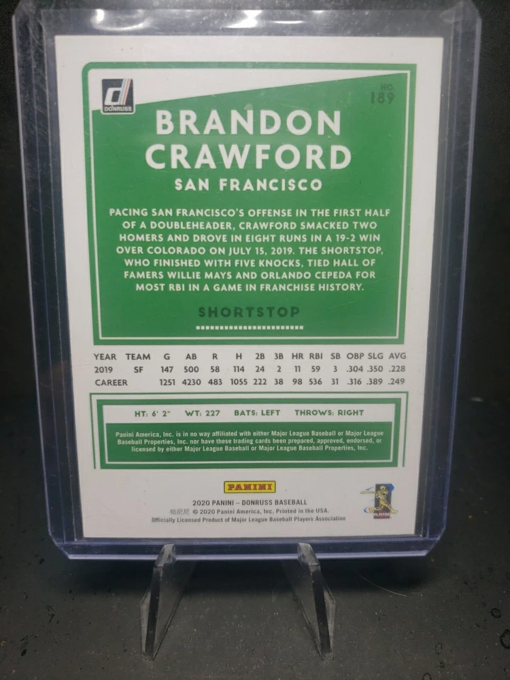 2020 Donruss #189 Brandon Crawford Milestone Stat Line    SN500 - Image 2 of 2
