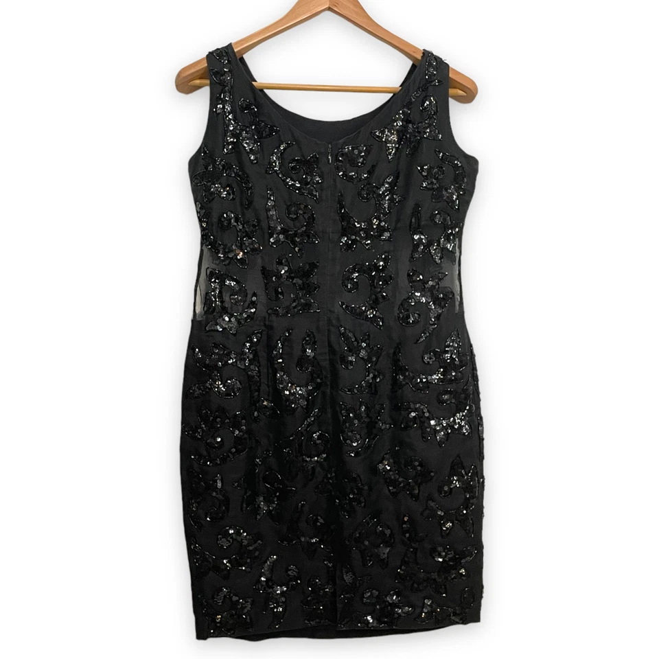 Vestido De Colección Carmen Marc Valvo Negro Bodycon Transparente Cuentas y Lentejuelas Talla 12 - LEER Foto 2 de 4