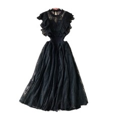 Damen Blumenspitze Kleid Midi Ärmellos Rüschen Swing Freizeit Elegant Mode Chic