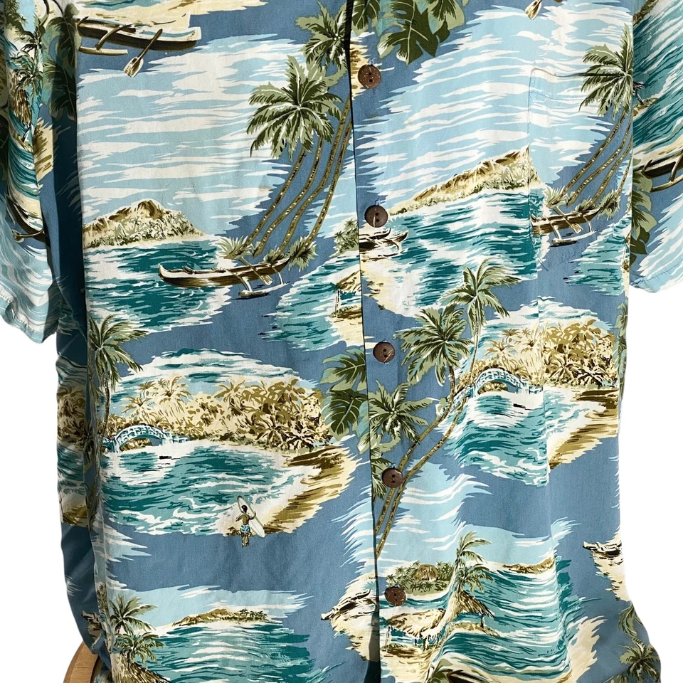 Camisa Hawaiana Hilo Hattie 4XL Islas Palmeras Estacionador Barcos Azul Marrón Foto 4 de 4