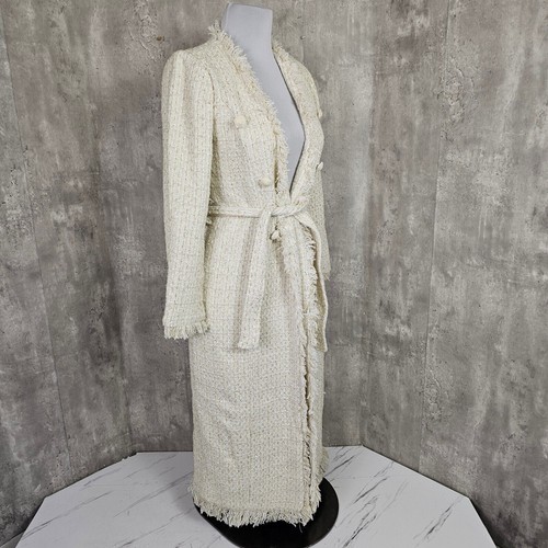 Boston Proper 8 Tweed Metallic Tie Waist Duster Off White/Gold Fringe Longline - Picture 10 of 11