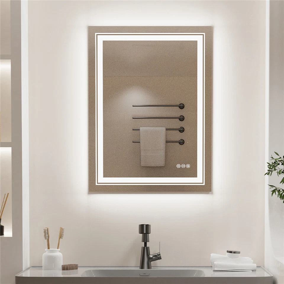 Espejo de baño LED antiniebla 28/32/36 pulgadas 3 colores regulable con tiras LED dobles Foto 3 de 4