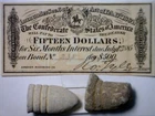 1864 CONFEDERATE $15 Intrst Note PLUS 2 Civil War BULLETS 1 UNused & 1 Fired NR