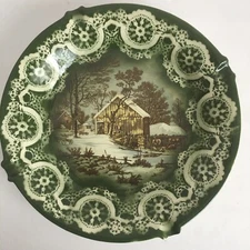 Currier & Ives The Old Homestead In Winter Green Ashtray 9" Dia Mid Century