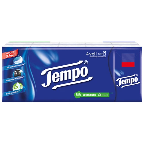 TEMPO FAZZOLETTI RESISTENTI CON FIBRA DI COTONE 4 VELI 10PZ