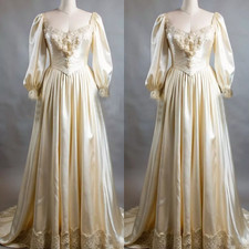 Champagne Satin Wedding Dresses Long Sleeve Scoop Neck Mid Century Bridal Gown