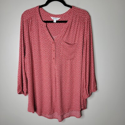 Market & Spruce 2X Mauvey Pink Polka Dot 3/4 Sleeve Button Front Popover Blouse