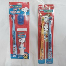 2 lot PEANUTS SNOOPY Baseball TOOTHBRUSHES Toothpaste kid's travel kit Red Baron