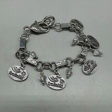 Open Road Girl Charm Bracelet Motorcycle Biker Silver Tone Clear Beads 8 Inch