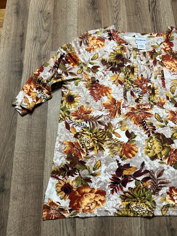 Blusa Bon Worth, Para Mujer XL Marrón Rojo Naranja Verde Floral Manga 3/4 Botón 1/4 Foto 3 de 4