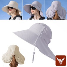Women Sun Hat Neck Flap Bucket Ponytail Hole Boonie Wide Brim Summer Beach Cap