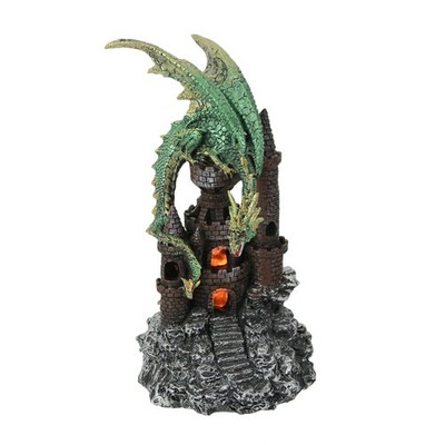 Glittery Green and Gold Wicked Dragon On Castle LED Accented Statue