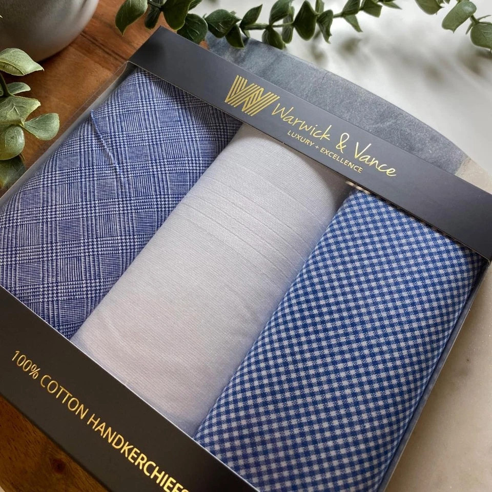Blue Gingham Men's Handkerchiefs 100% Cotton Gift Boxed 3 Pack - Image 4 of 4
