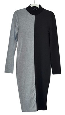 Zara Basic Two Tone Gray and Black Colorblock Long Sleeve Bodycon Midi Dress Siz